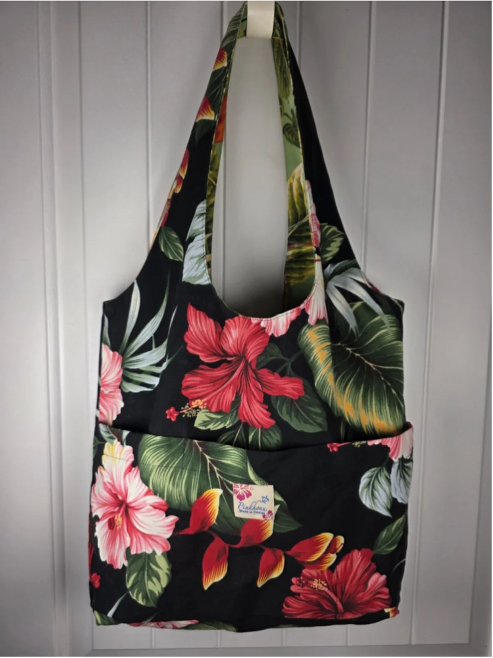 Pinkham Made In Hawaii Reversible Canvas Tote Bag Tropical Hibiscus Floral Black
